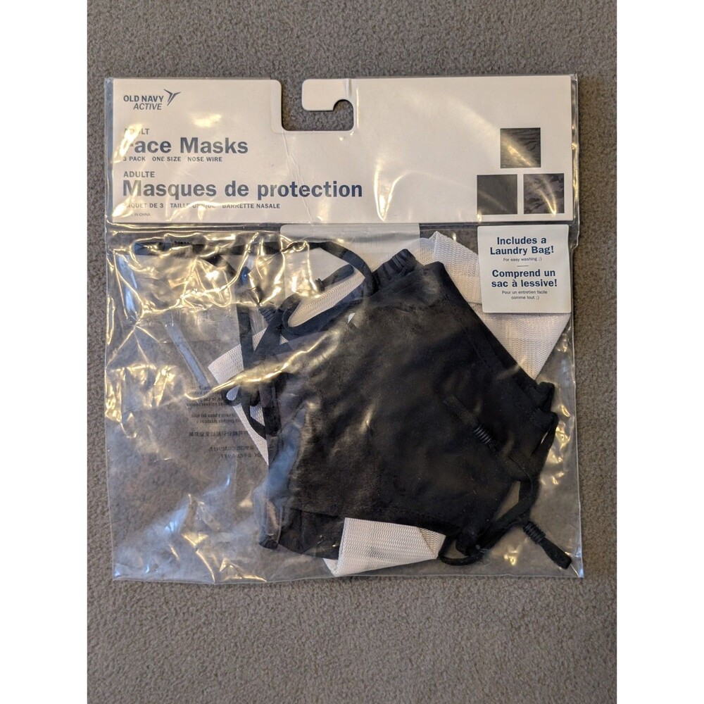 Old Navy Active Adult Face Masks 3 Pack Black Gray Nose Wire Adjustable NEW